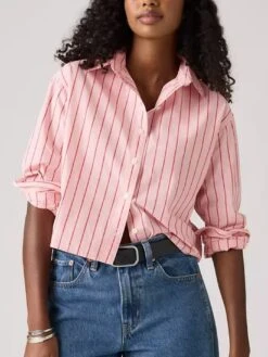 Cropped Harlie Hug Stripe Peachskin Long Sleeve Buttondown Shirt(Levis Cropped Harlie Hug Stripe Peachskin Long Sleeve Buttondown Shirt Fa25)