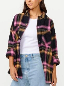 Beach Party Flannel Long Sleeve Buttondown Shirt(Rip Curl Beach Party Flannel Long Sleeve Buttondown Shirt Women Sp25)