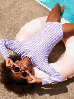 Vivianna Long Sleeve Swimsuit Rashguard (Girls 2-7)(Nana The Brand Vivianna Long Sleeve Swimsuit Rashguard Girls 2 7 Sp25) -ThinkEmpire Shop NG007 A LilacStripes Front 1