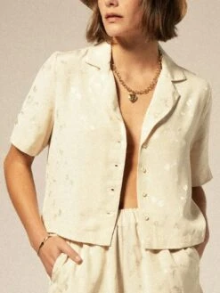 Silky Jacquard Short Sleeve Buttondown Shirt(Brixton Silky Jacquard Short Sleeve Buttondown Shirt Women Sp25)